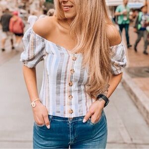 Abercrombie & Fitch Blue Striped Off-Shoulder Blouse